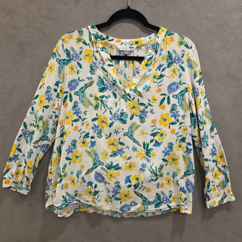 Old Navy Linen Blend Floral Hummingbird V-Neck Shirt Women's Size M‎ Coastal